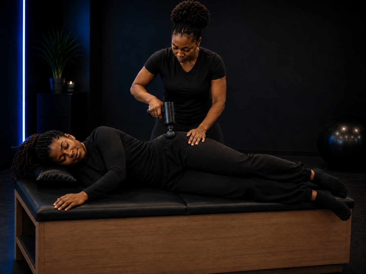 Practitioner using a massage gun on a client's hip during a session