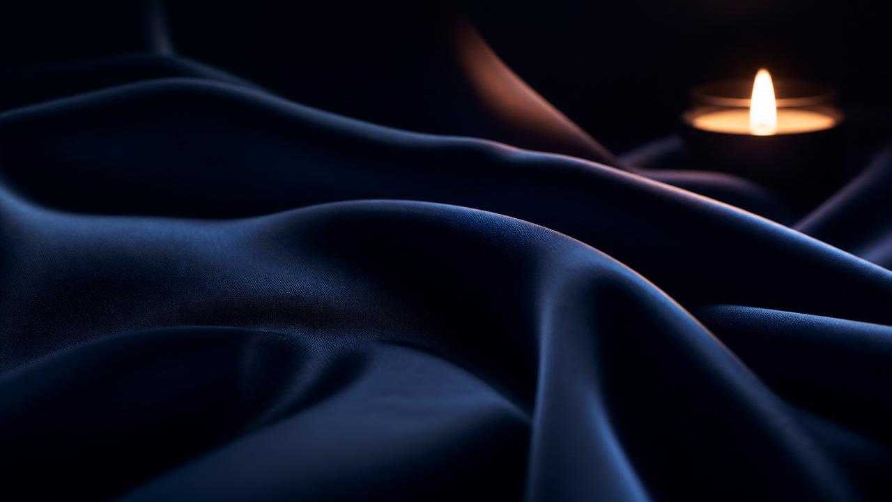 Softly draped navy silk fabric with warm candlelight, evoking calm and restoration